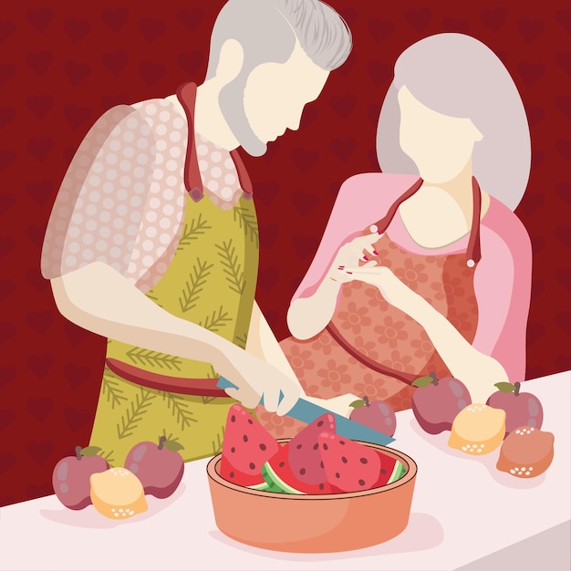 Illustration of a couple in love in the kitchen cooking dinner a guy cooking a happy girl