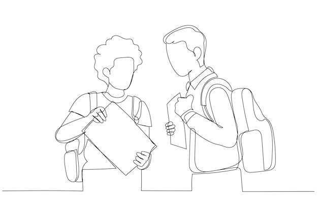 Illustration of couple of students with backpack walking away single line art style