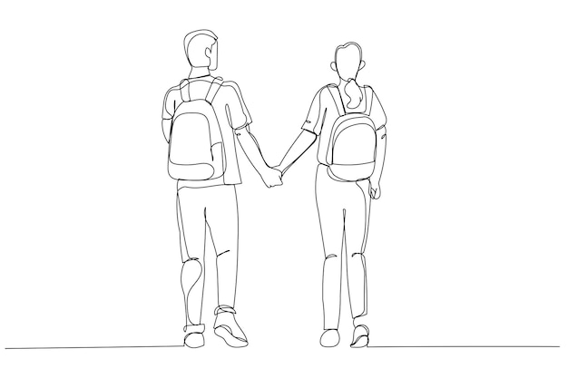 Illustration of couple of students with backpack walking away Single line art style