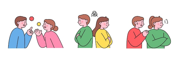 갈등 에 빠진 부부 들 이 논쟁 하고, 화를 내며 화해 하는 일 의 예