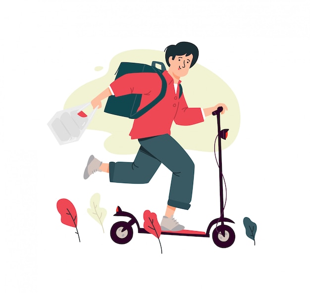 Illustration of a courier guy on an electric scooter. Online order, fast delivery.