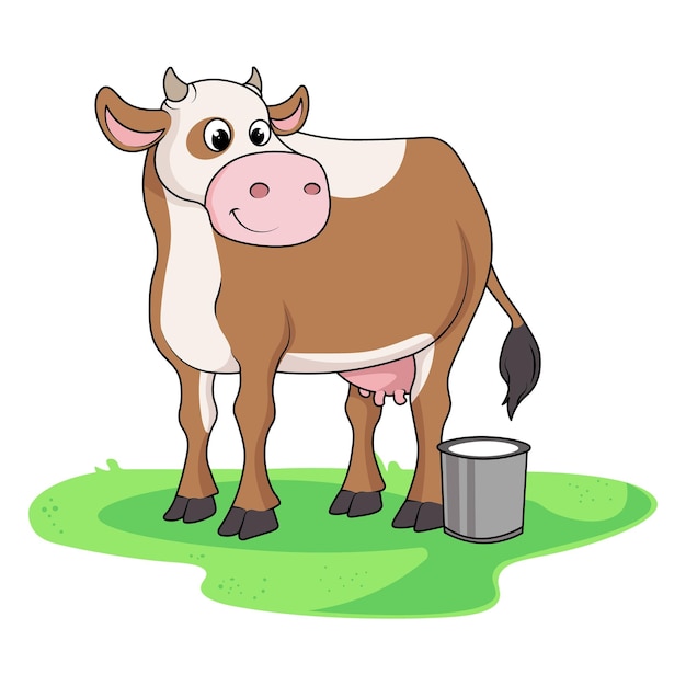 illustration of a cow on grassland standing next to a bucket full of milk