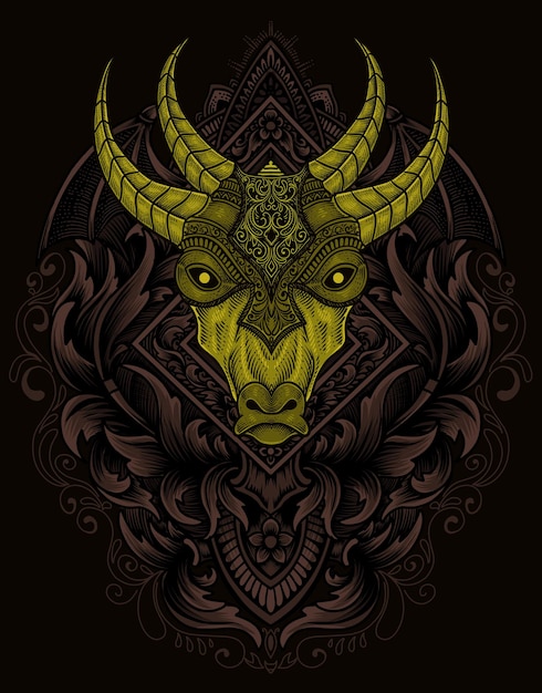 illustration cow head with engraving ornament