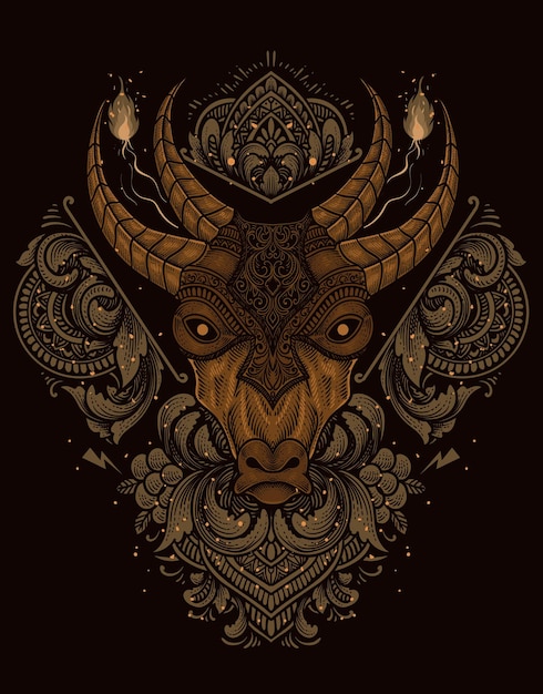 illustration cow head with engraving ornament