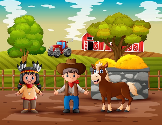 Illustrazione di cowboy e cowgirl nella fattoria