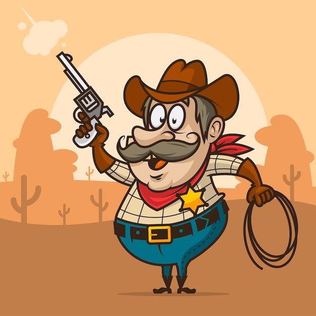 Vettore illustrazione, sceriffo cowboy spara dalla pistola e sorride, formato eps 10