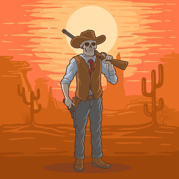 Вектор Иллюстрация ковбойского черепа в пустыне техаса