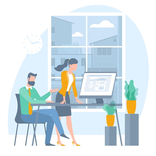 Vector illustration of coworkers are communicating in office