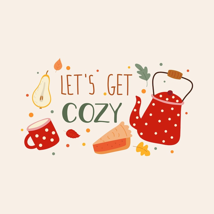Vector illustration of cozy autumn with cute elements and lettering let's get cozy