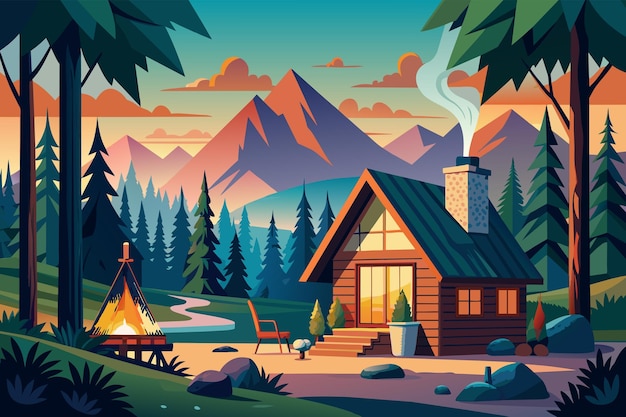 Illustration of a cozy cabin with large windows in a forest setting at dusk with a fire pit in front and mountains in the background under a starry sky