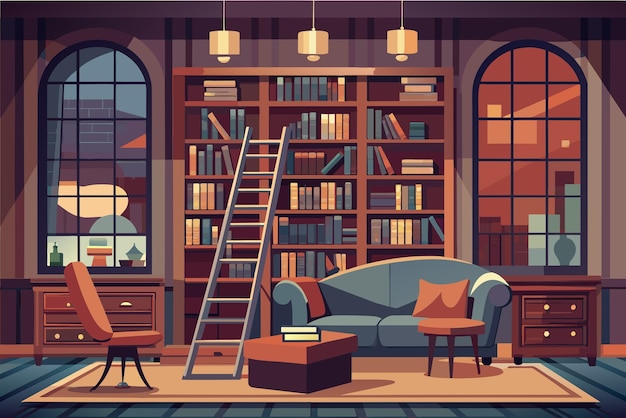 Иллюстрация уютной библиотечной комнаты с высокими книжными полками, заполненными книгами, скользящей лестницей, элегантным синим диваном, деревянным столом и стулом, небольшим кофейным столом.