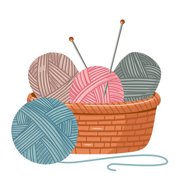 illustration of a craft basket with skeins of yarn and knitting needles knitting tools