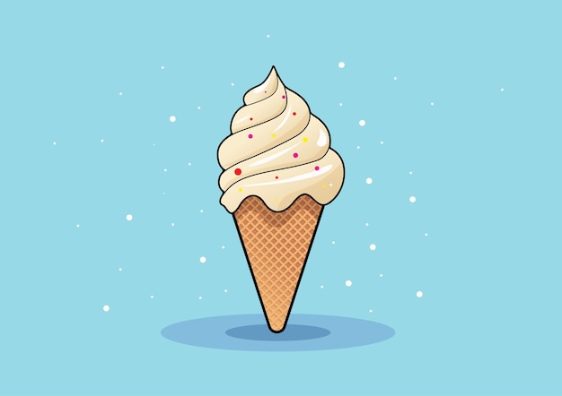 Illustration of creamy vanilla ice cream topped with sprinkles of sugar resting on a waffle cone