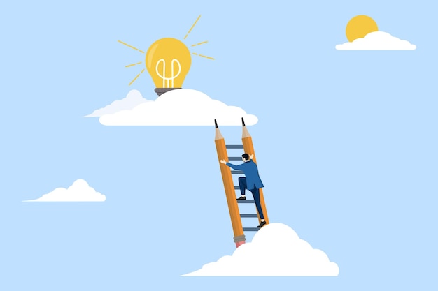 illustration of creative idea concept with businessman climbing pencil ladder above clouds