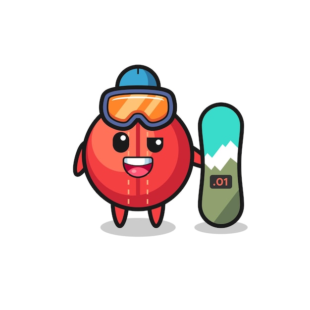 Illustration of cricket ball character with snowboarding style