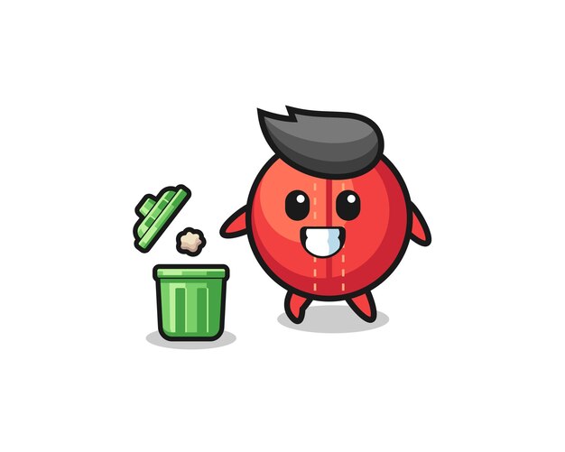 Illustration of the cricket ball throwing garbage in the trash can cute design