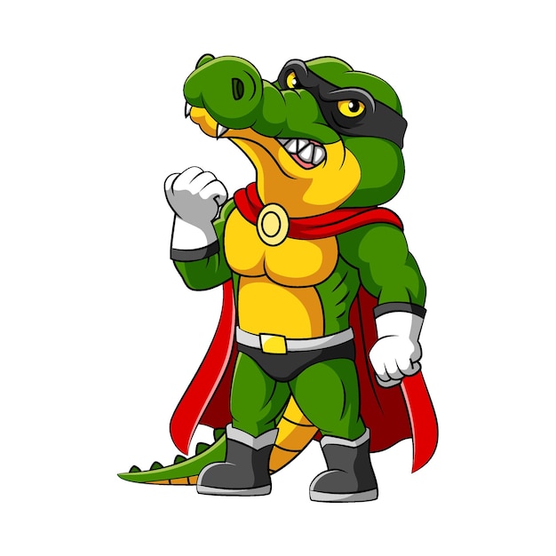 Иллюстрация крокодила в костюме супергероев и черной маске