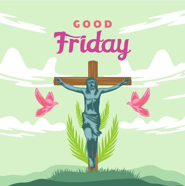 Illustration of cross with jesus in bright color style good friday