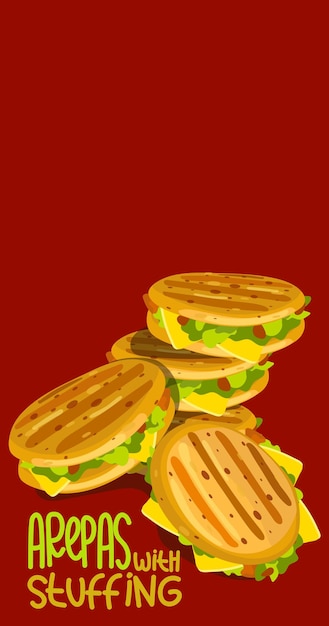 Vector illustration of cuban arepas buns stuffed with inscriptions latin american cuisine local hamburger