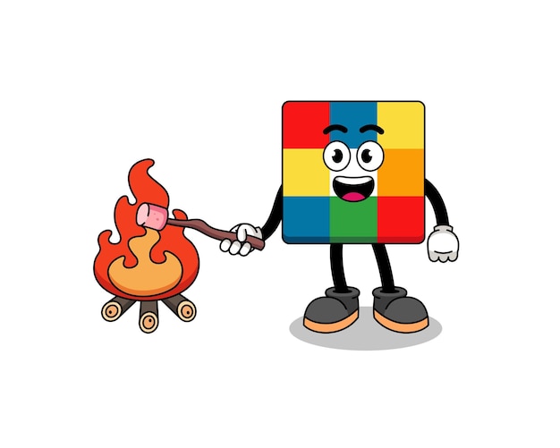 Illustration of cube puzzle burning a marshmallow character design