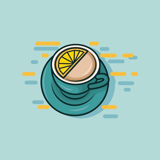 Vector illustration of a cup of cappuccino coffee and extra orange slices on it on a light blue background