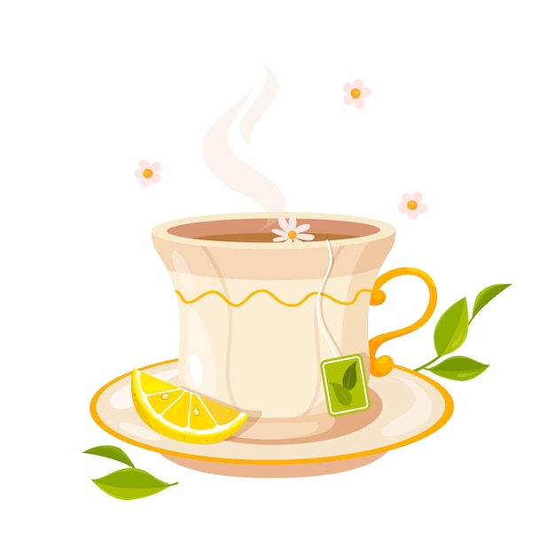 Illustration of a cup of green tea with a lemon slice and chamomile