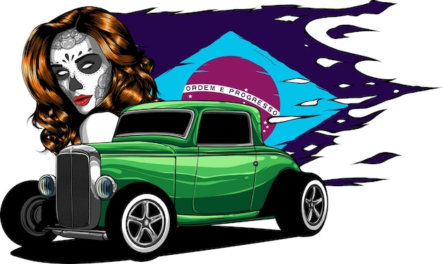 Vettore illustrazione di hot rod personalizzato con ragazza e bandiera del brasile