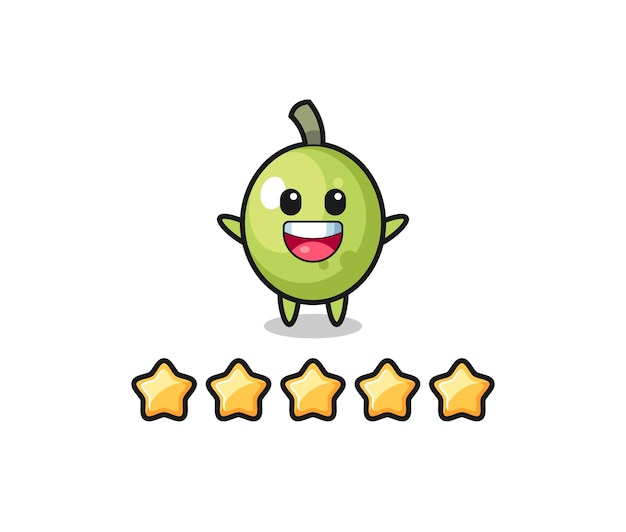 L'illustrazione della migliore valutazione del cliente, personaggio carino verde oliva con 5 stelle, design in stile carino per maglietta, adesivo, elemento logo