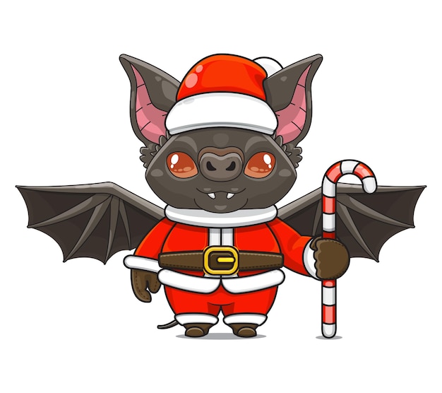 Illustration of cute animal monster wearing santa costume holding candy cane