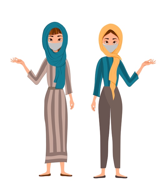 Vector illustration of a cute arab , muslim family characters wearing mask isolated on white background.