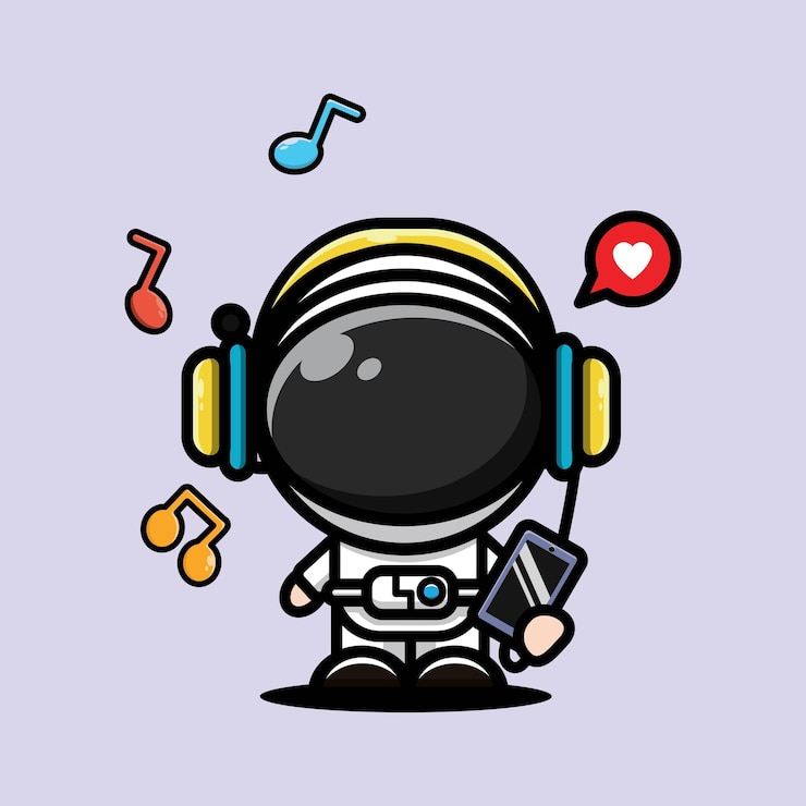 Vector illustration of a cute astronaut design character playing on a cell phone listening to music