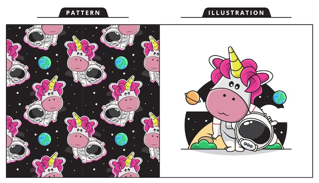 Illustrazione di unicorno carino astronauti con motivo decorativo senza cuciture