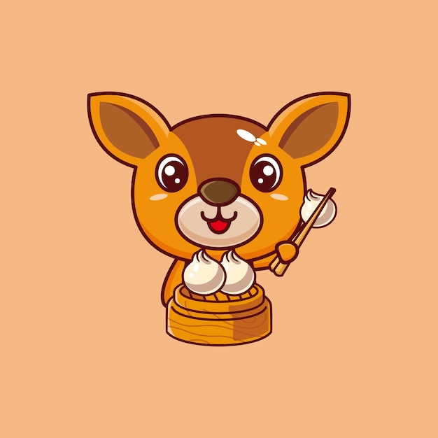 Vector illustration of cute baby deer cartoon mascot is eating dim sum