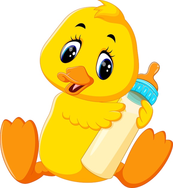 Illustration of cute baby duck holding milk bottle