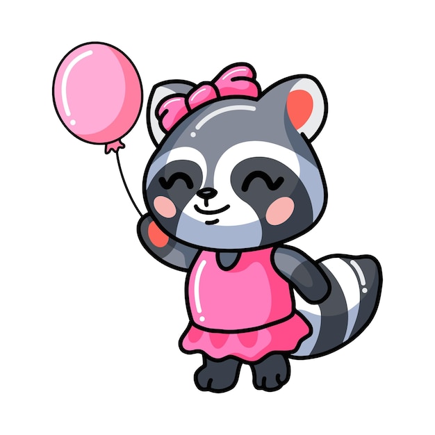   illustration of  cute baby raccoon girl cartoon holding pink balloon