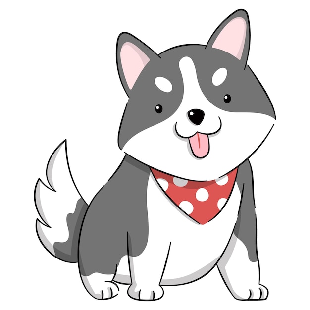 Illustration of cute baby siberian husky with red scarf cartoon style on white background