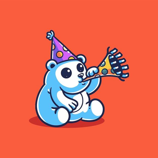 Vector illustration of a cute bear celebrating a birthday or new year by blowing a trumpet