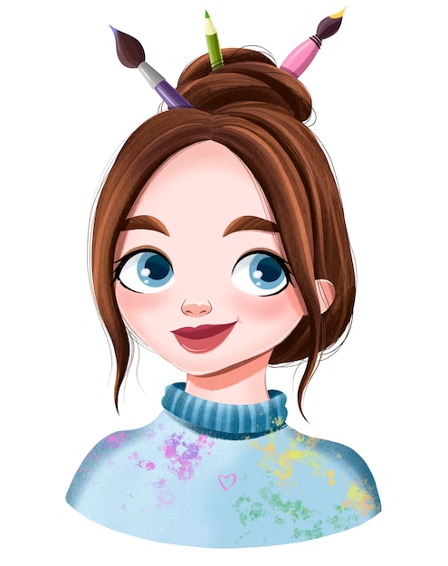   illustration of a cute beautiful girl artist with brushes in her hair and a sweater