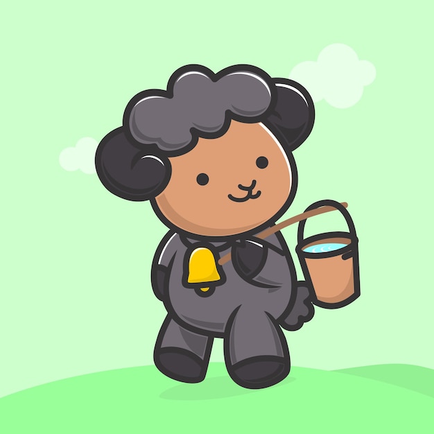 Illustration of a cute black sheep picking up a bucket of water premium vector