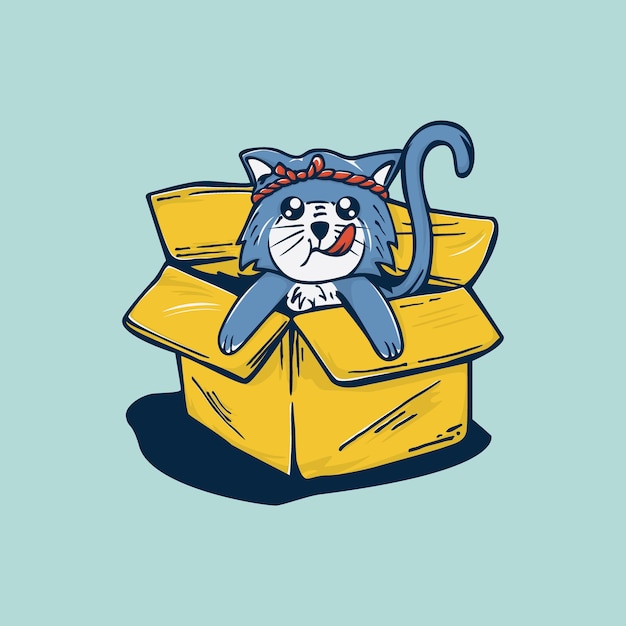 Illustration of cute blue cat character in yellow cardboard box