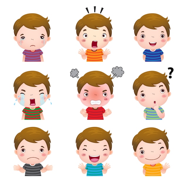 Vector illustration of cute boy faces showing different emotions