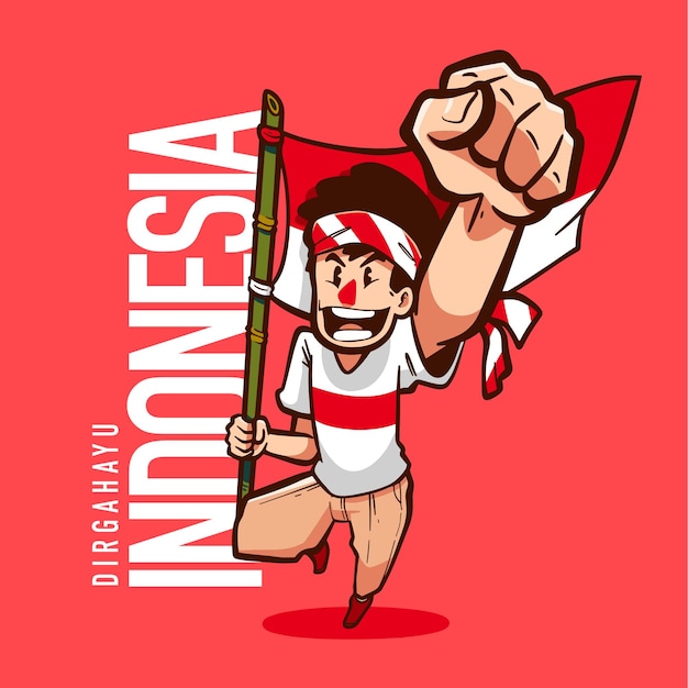 Vector illustration of a cute boy holding indonesian flag cartoon vector for kemerdekaan indonesia