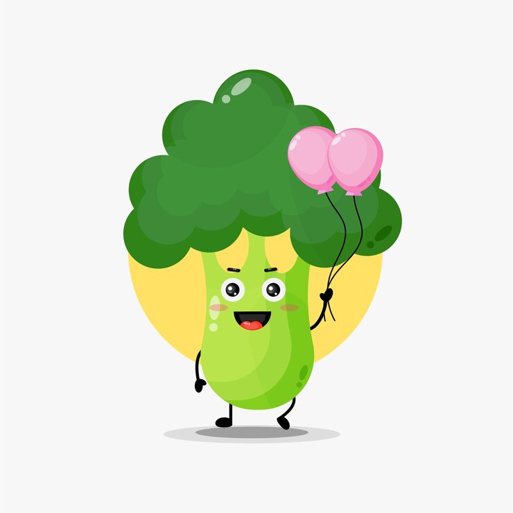 Vector illustration of cute broccoli character carrying balloon 