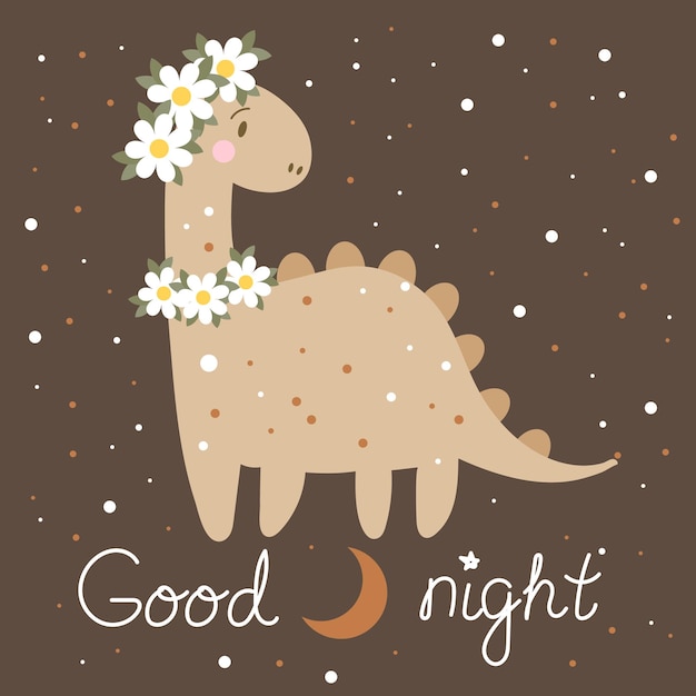 ヒナギクとテキストとかわいい漫画の赤ちゃん恐竜のイラスト星と背景におやすみなさい