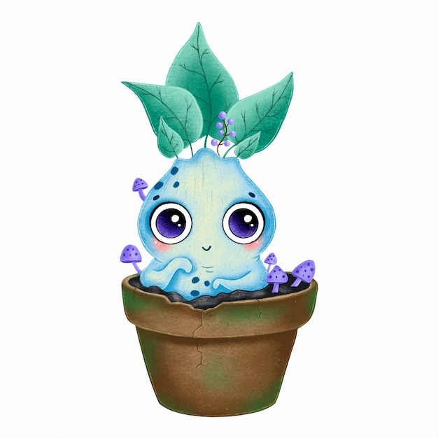 Illustration of cute cartoon blue mandrake root in flower pot