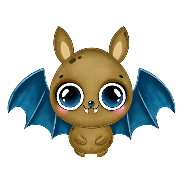 Illustration of a cute cartoon brown bat with blue wings. Halloween bat isolated