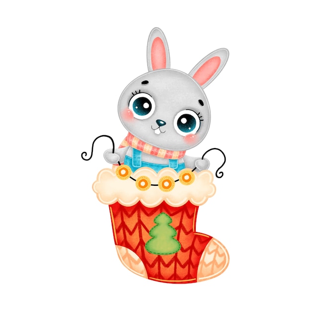Illustration of cute cartoon christmas bunny wearing scarf with garland lights in red christmas sock
