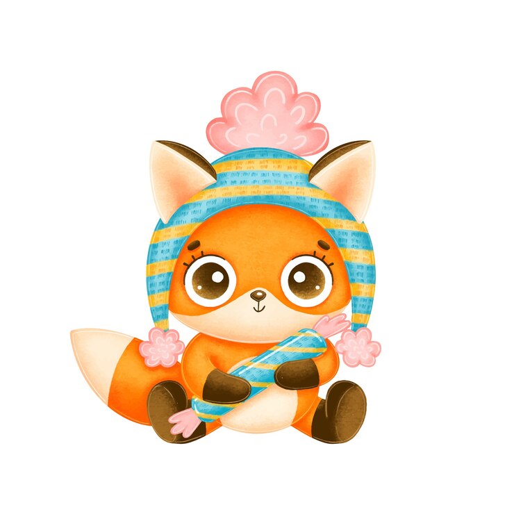 Vector illustration of cute cartoon christmas fox in hat with candy isolated on white background
