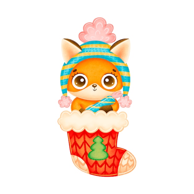 Illustration of cute cartoon christmas fox in hat with candy in red christmas sock