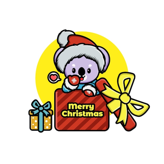선물 상자에 산타 모자를 쓰고 귀여운 만화 크리스마스 코알라의 그림